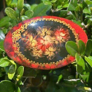 RUSSIAN HAND PAINTED Wood Lacquer Floral Black Signed 1997 BROOCH